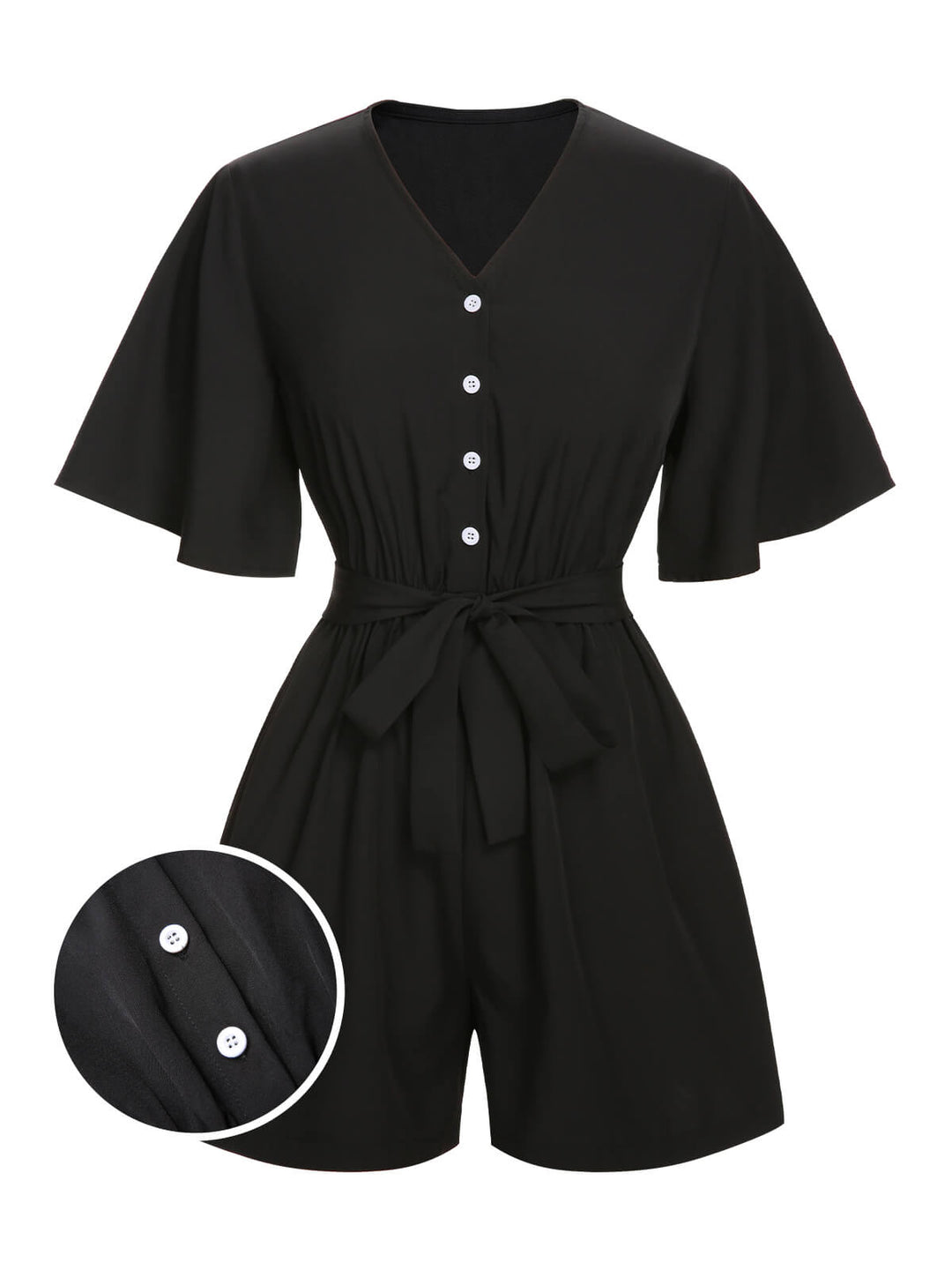 Black 1960s Solid Flare Sleeve V-Neck Romper, vintage romper, retro jumpsuit - perfect for women who love vintage and retro fashion