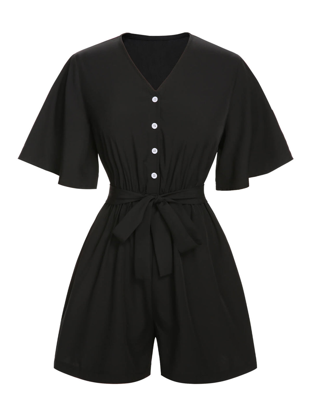 Black 1960s Solid Flare Sleeve V-Neck Romper, vintage romper, retro jumpsuit - perfect for women who love vintage and retro fashion