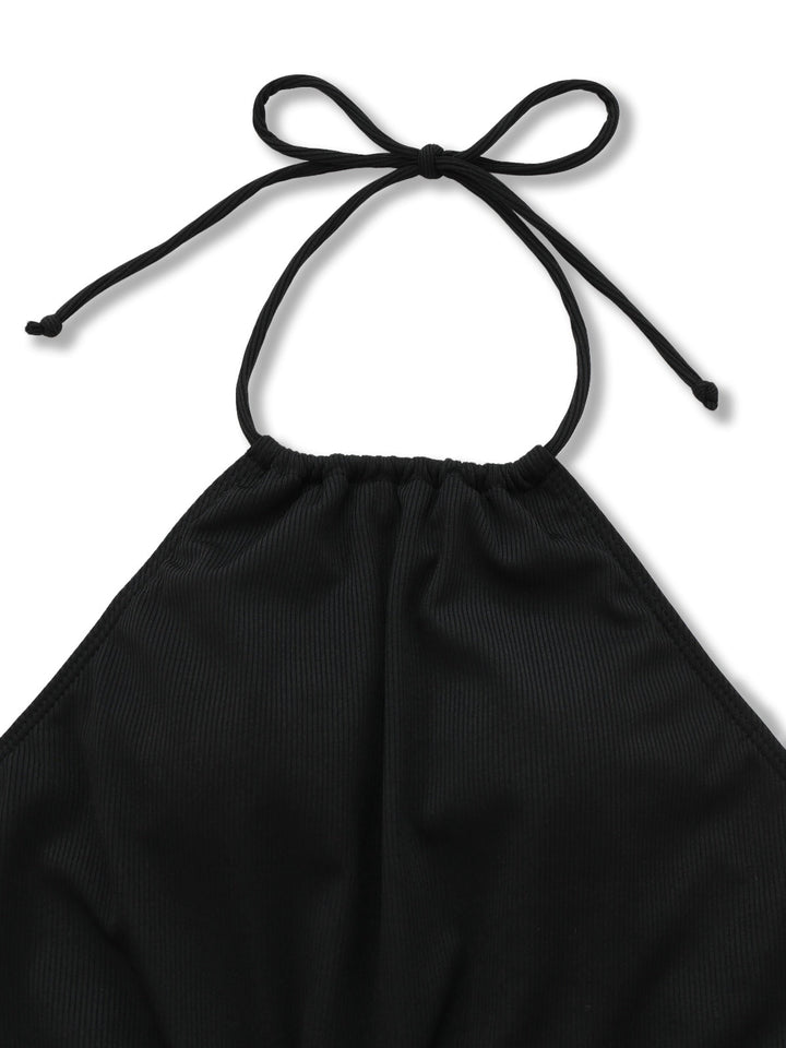 Black 1960s Solid Halter Ruched Bikini Set - vintage swimwear, retro swimsuit, pin-up style for vintage lovers