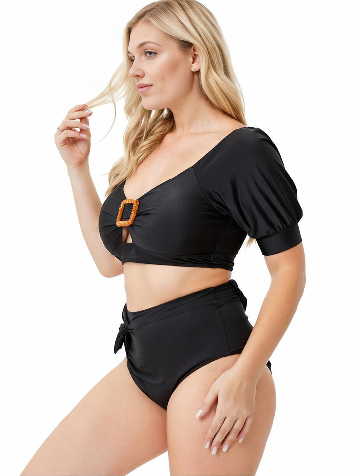 Black 1960s Solid Hollow Puff Swimsuit: 1960s Riviera elegance, reimagined for her