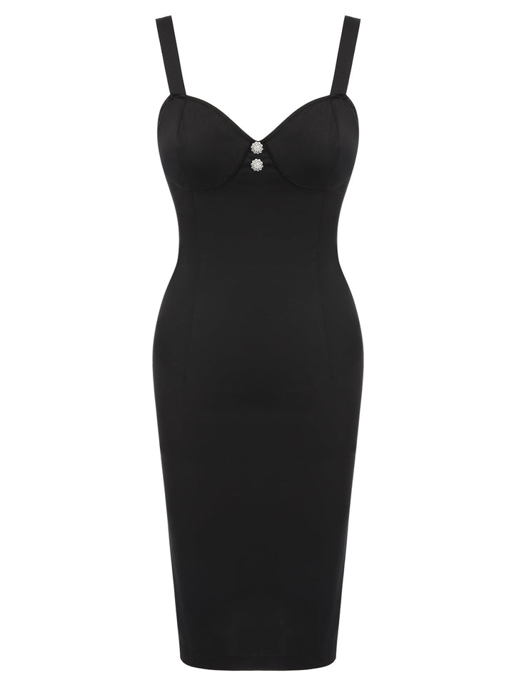 Black 1960s Solid Pearl Buttons Suspender Dress, vintage dress, retro fashion - perfect for women who love vintage and retro fashion