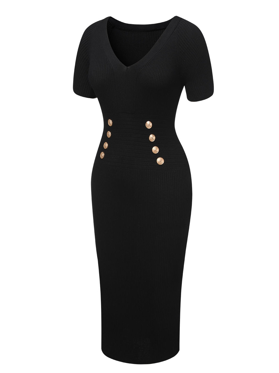 Black 1960s Solid V-Neck Buttons Dress, vintage dress, retro fashion - perfect for women who love vintage and retro fashion