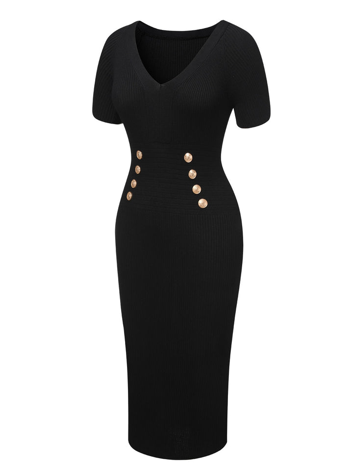 Black 1960s Solid V-Neck Buttons Dress, vintage dress, retro fashion - perfect for women who love vintage and retro fashion