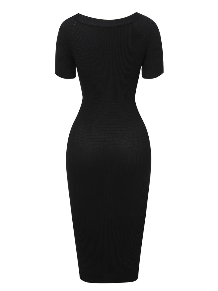 Black 1960s Solid V-Neck Buttons Dress, vintage dress, retro fashion - perfect for women who love vintage and retro fashion