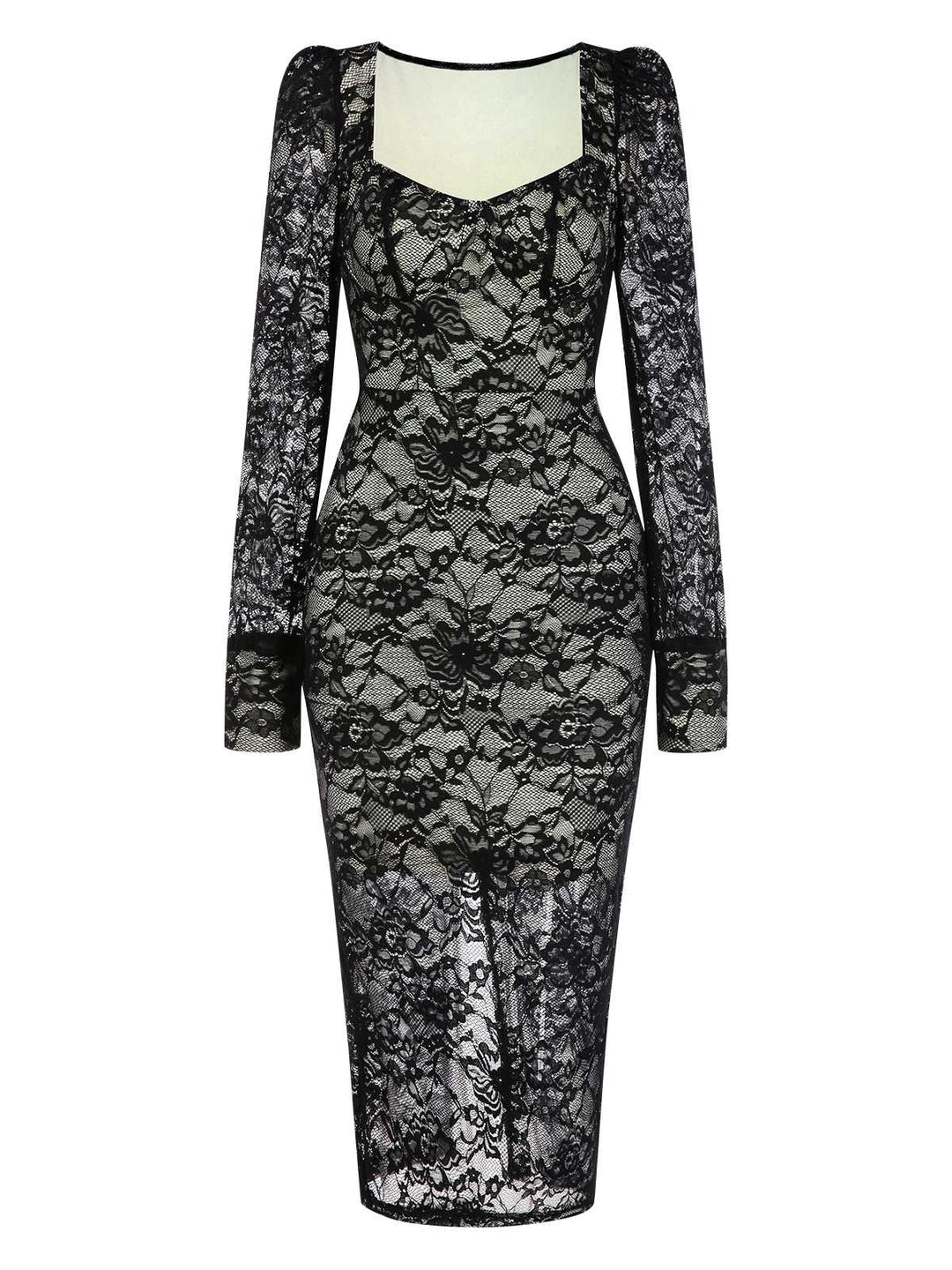 She slips into this Black 1960s Square Neck Lace Bodycon Dress and suddenly it&