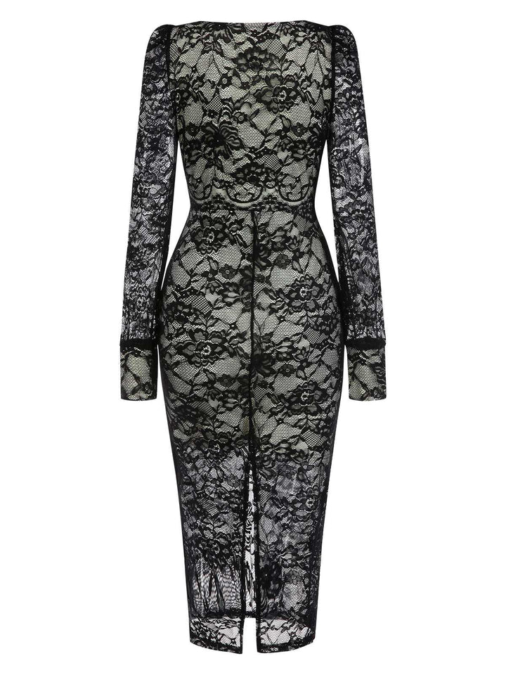 Black 1960s Square Neck Lace Bodycon Dress: where 1960s romance meets her modern spirit