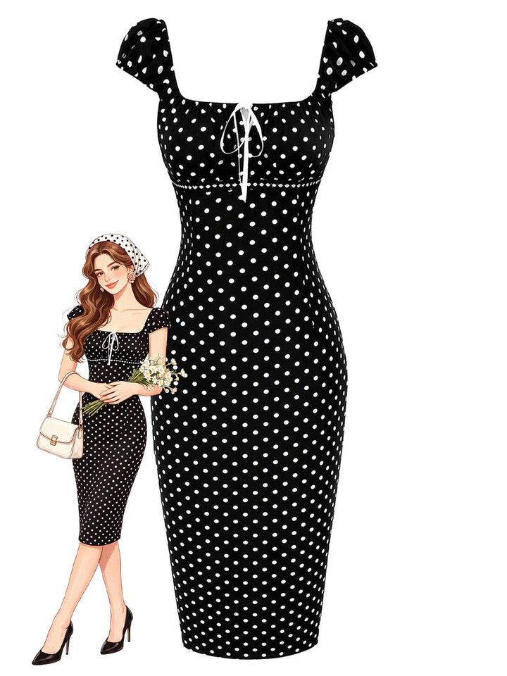 Black 1960s Square Neck Polka Dot Pencil Dress, vintage dress, retro fashion - vintage inspired fashion