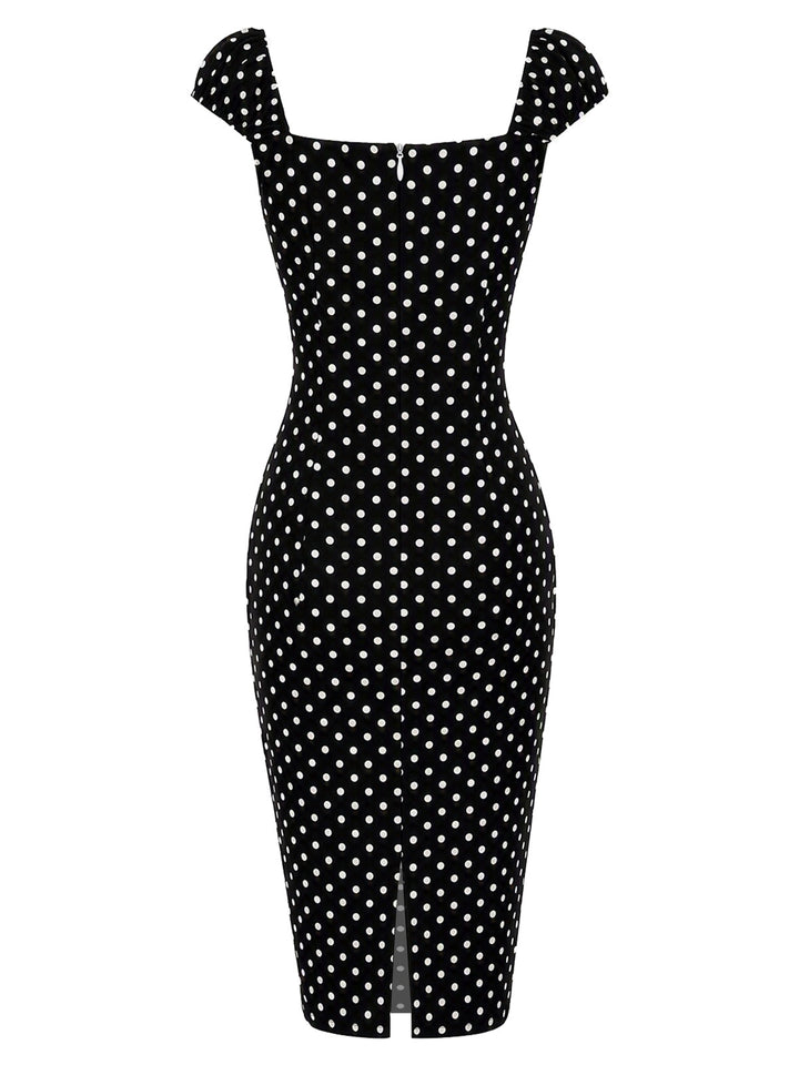 Black 1960s Square Neck Polka Dot Pencil Dress, vintage dress, retro fashion - vintage inspired fashion