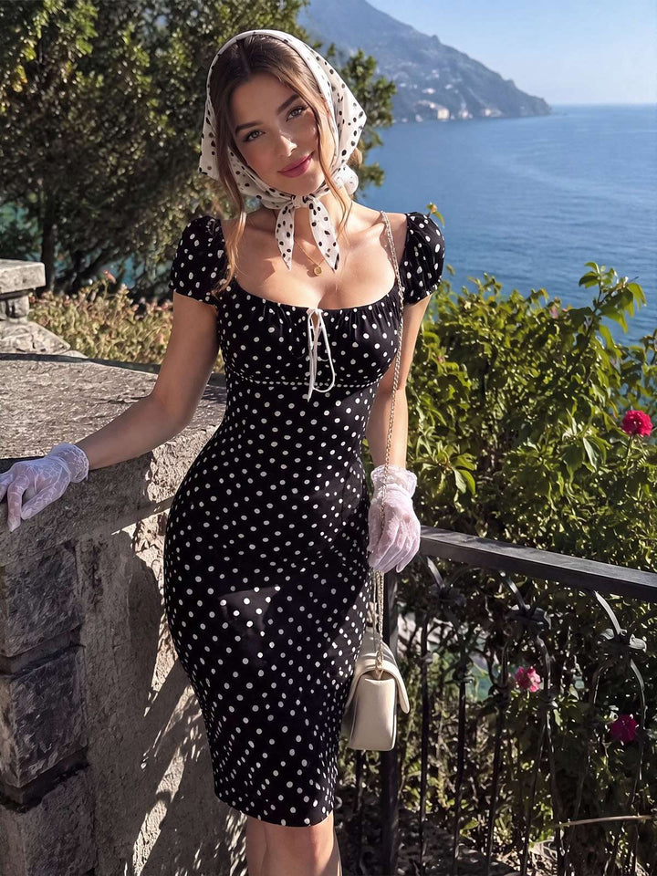 Black 1960s Square Neck Polka Dot Pencil Dress, vintage dress, retro fashion - vintage inspired fashion