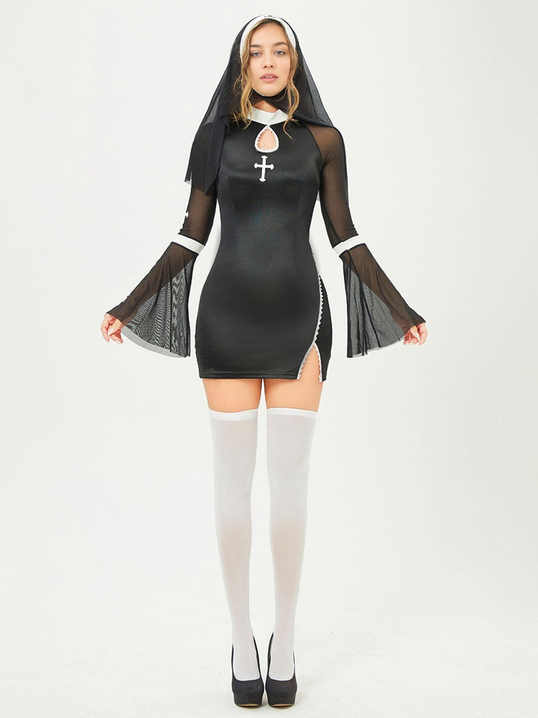 She slips into this Black 1960s Stand Collar Mesh Flare Sleeves Dress and suddenly it&