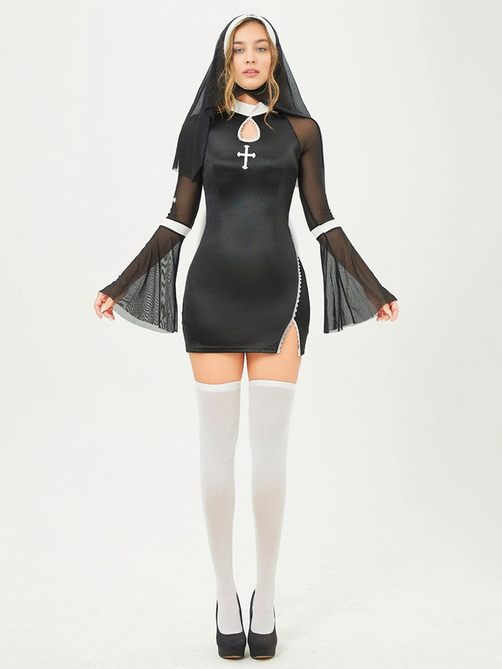 She slips into this Black 1960s Stand Collar Mesh Flare Sleeves Dress and suddenly it&
