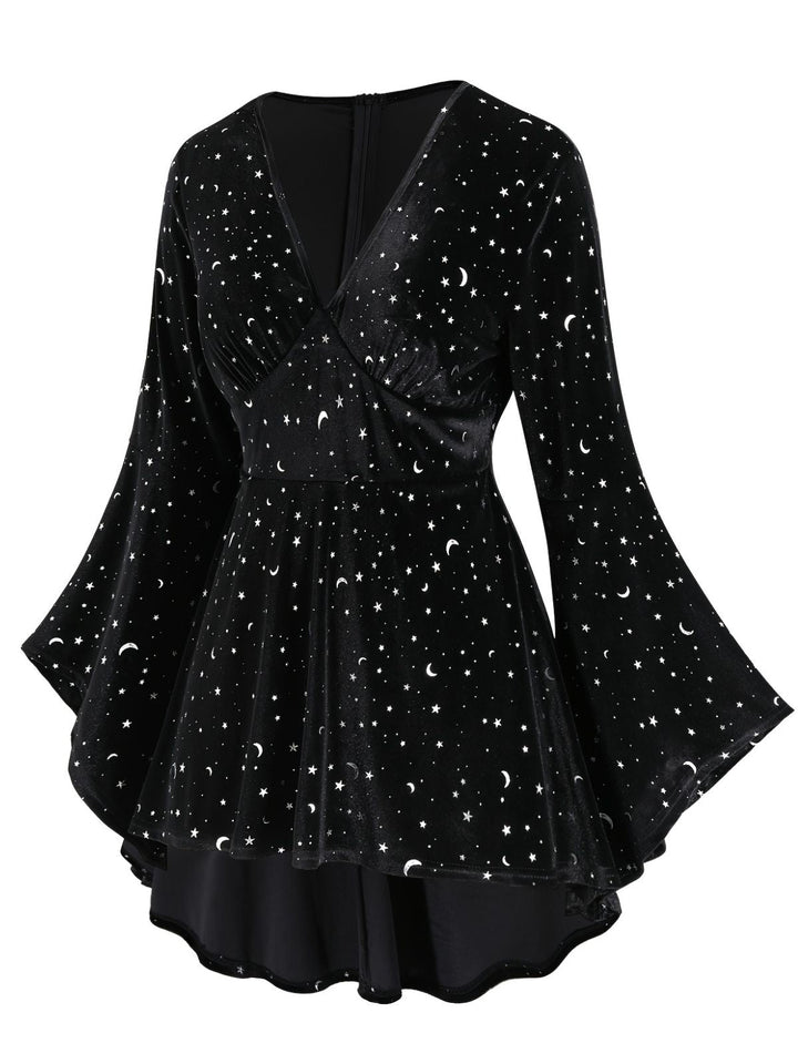 Black 1960s Star V-Neck Velvet Dress - vintage dress, retro fashion, classic black