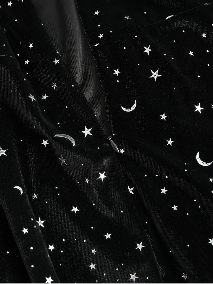 Black 1960s Star V-Neck Velvet Dress - vintage dress, retro fashion, classic black