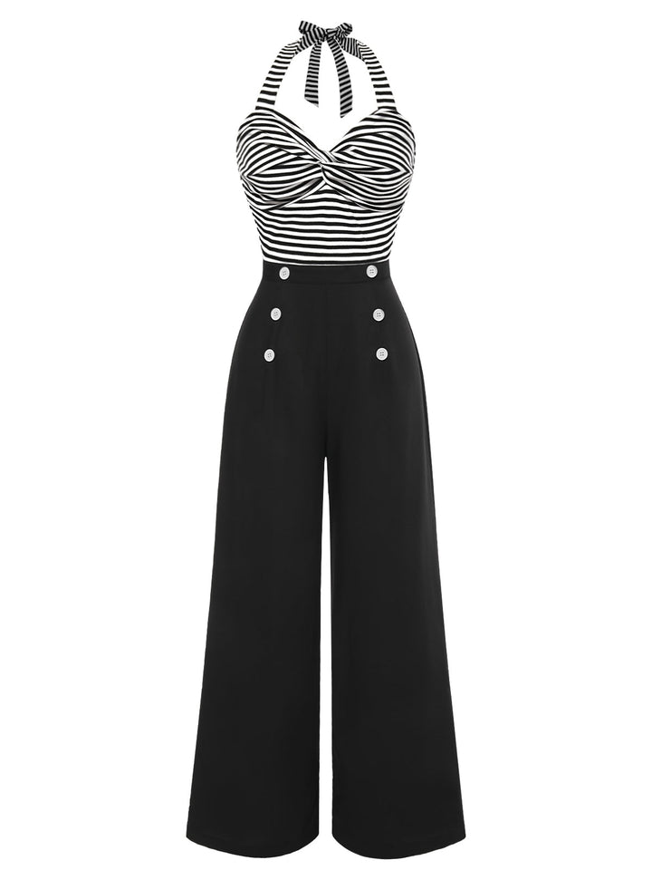 Black 1960s Stripe Knit Patchwork Halter Jumpsuit, vintage romper, retro jumpsuit - perfect for women who love vintage and retro fashion