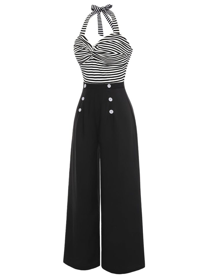 Black 1960s Stripe Knit Patchwork Halter Jumpsuit, vintage romper, retro jumpsuit - perfect for women who love vintage and retro fashion