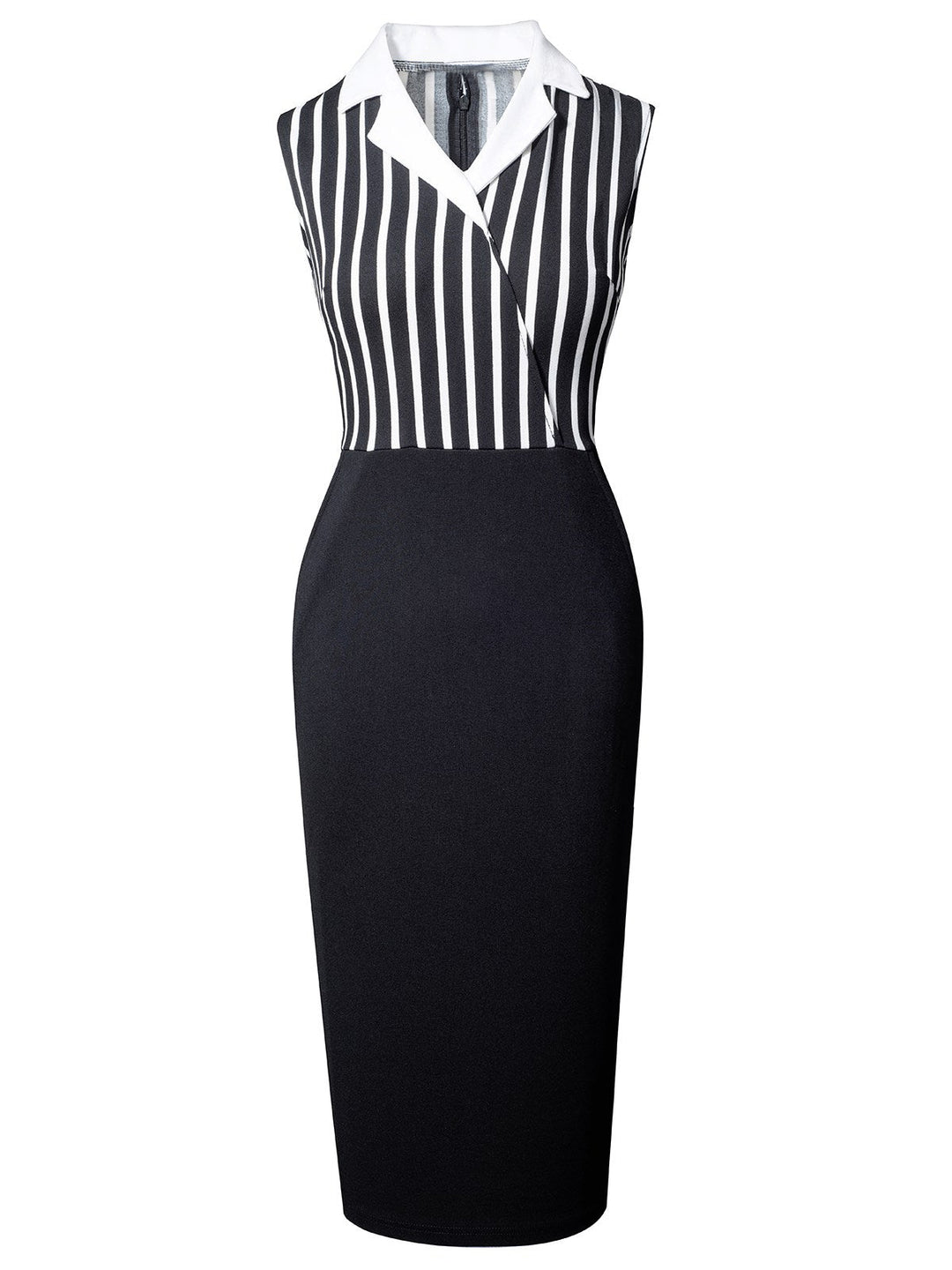 Black 1960s Striped Patchwork Lapel Pencil Dress, vintage dress, retro fashion - perfect for women who love vintage and retro fashion