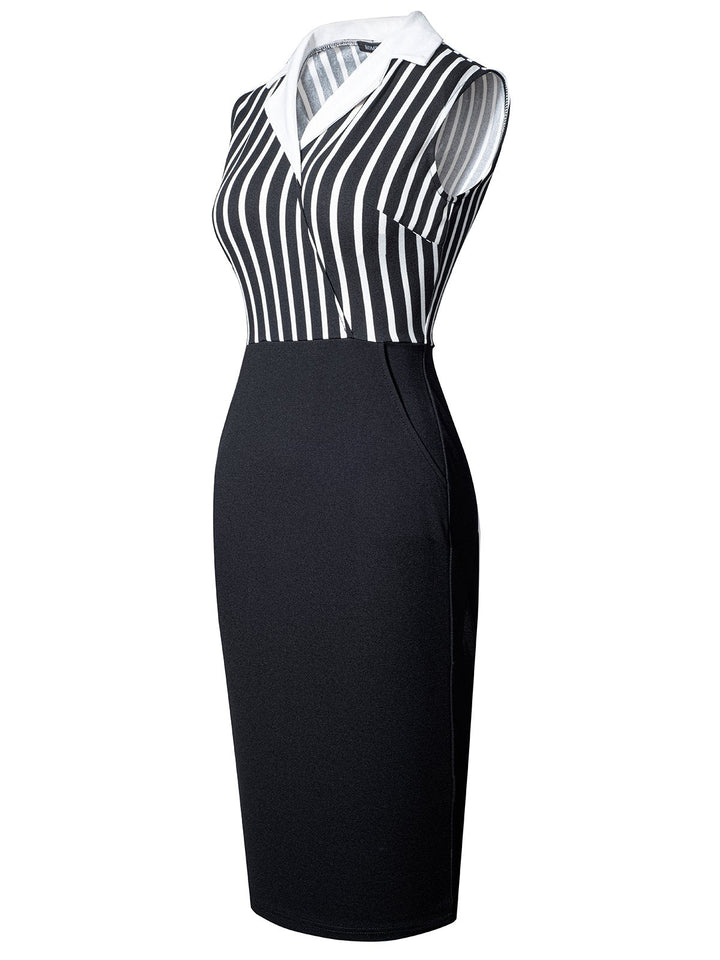 Black 1960s Striped Patchwork Lapel Pencil Dress, vintage dress, retro fashion - perfect for women who love vintage and retro fashion