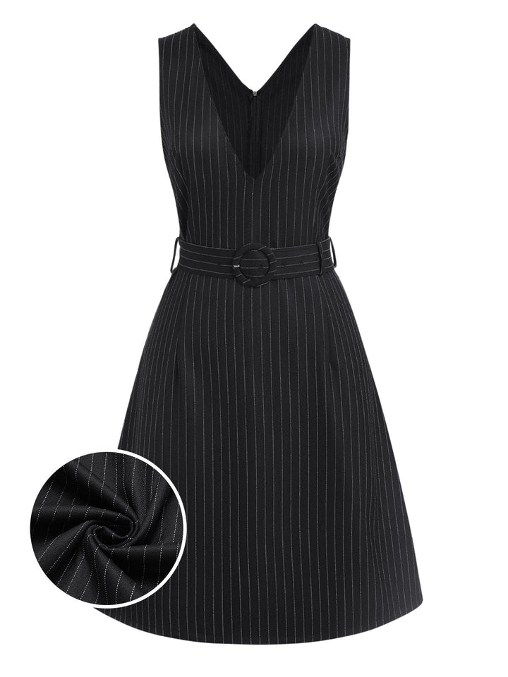 She slips into this Black 1960s Striped V-Neck Belted Dress and suddenly it&