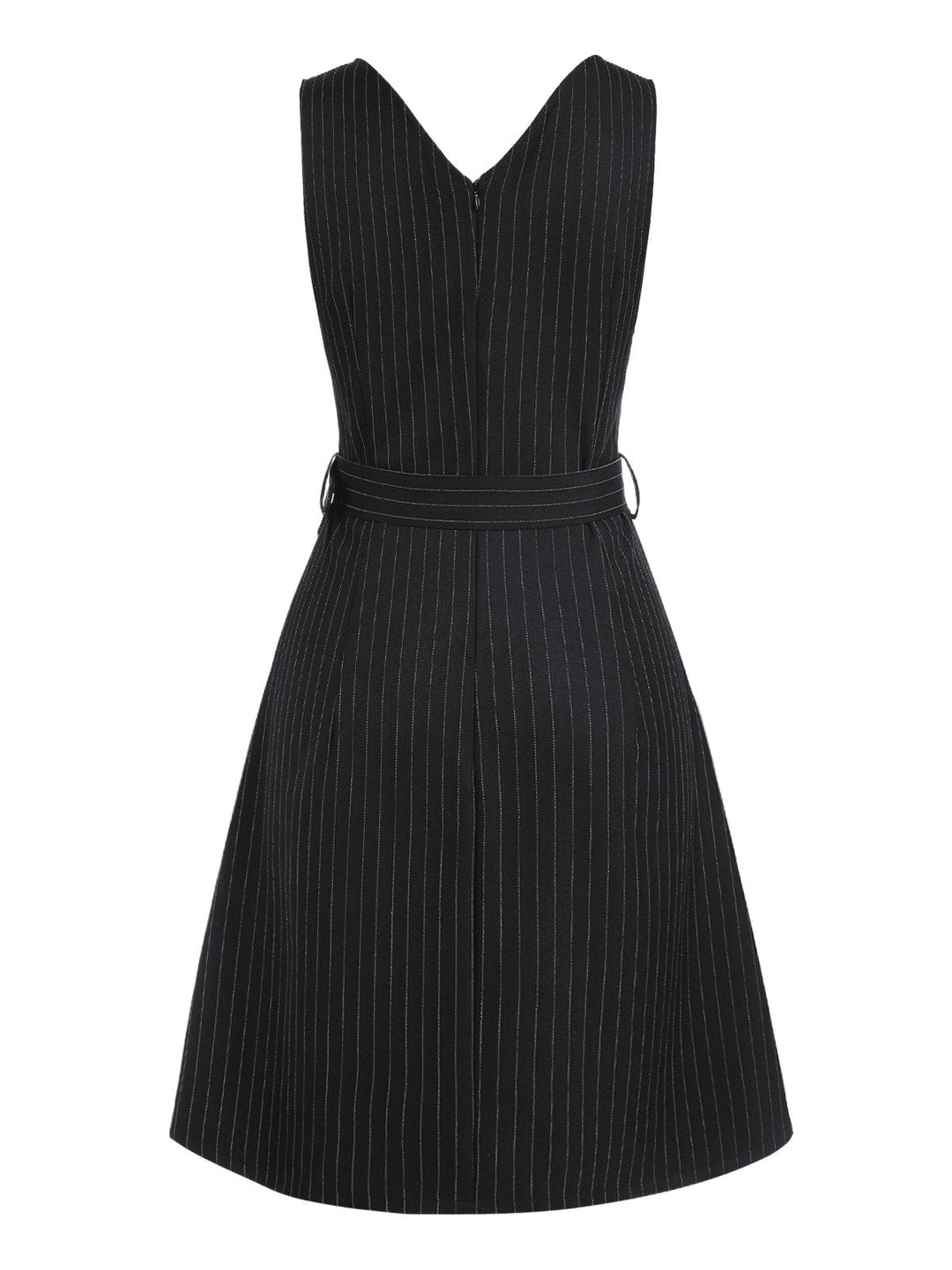 Black 1960s Striped V-Neck Belted Dress — the kind of 1960s dress that makes strangers smile