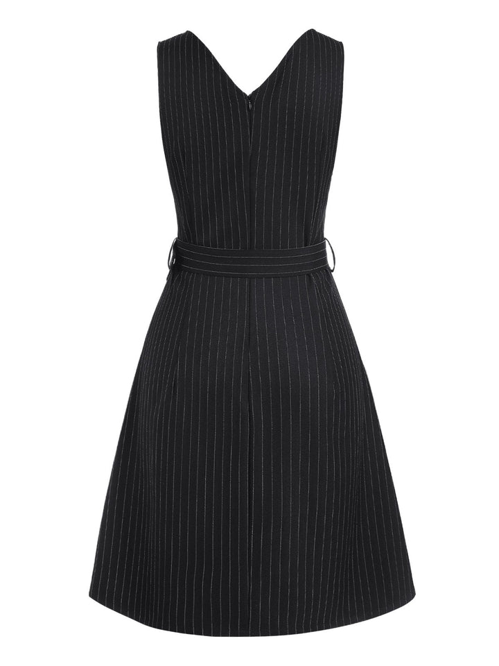 Black 1960s Striped V-Neck Belted Dress — the kind of 1960s dress that makes strangers smile