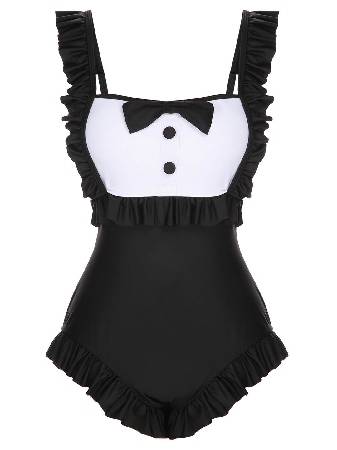 Black 1960s Tuxedo Ruffle Strap Swimsuit, vintage swimsuit, pin-up swimwear - perfect for women who love vintage and retro fashion