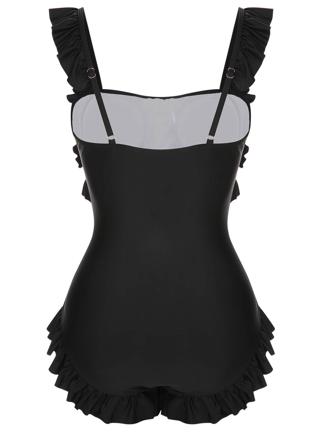 Black 1960s Tuxedo Ruffle Strap Swimsuit, vintage swimsuit, pin-up swimwear - perfect for women who love vintage and retro fashion