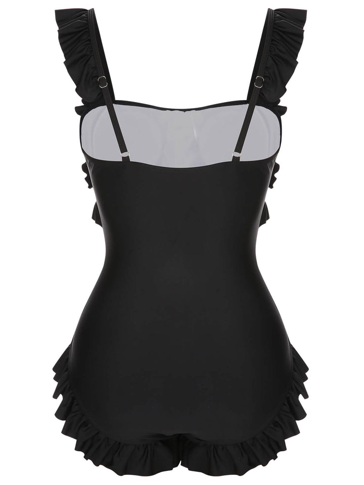 Black 1960s Tuxedo Ruffle Strap Swimsuit, vintage swimsuit, pin-up swimwear - perfect for women who love vintage and retro fashion