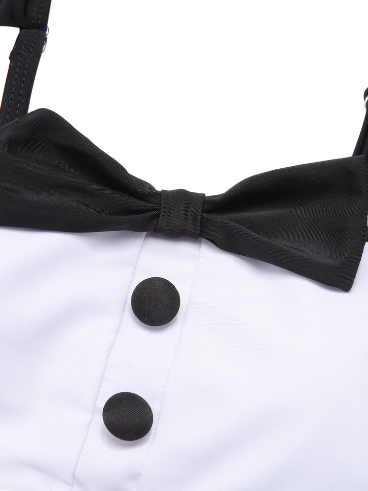 Black 1960s Tuxedo Ruffle Strap Swimsuit, vintage swimsuit, pin-up swimwear - perfect for women who love vintage and retro fashion