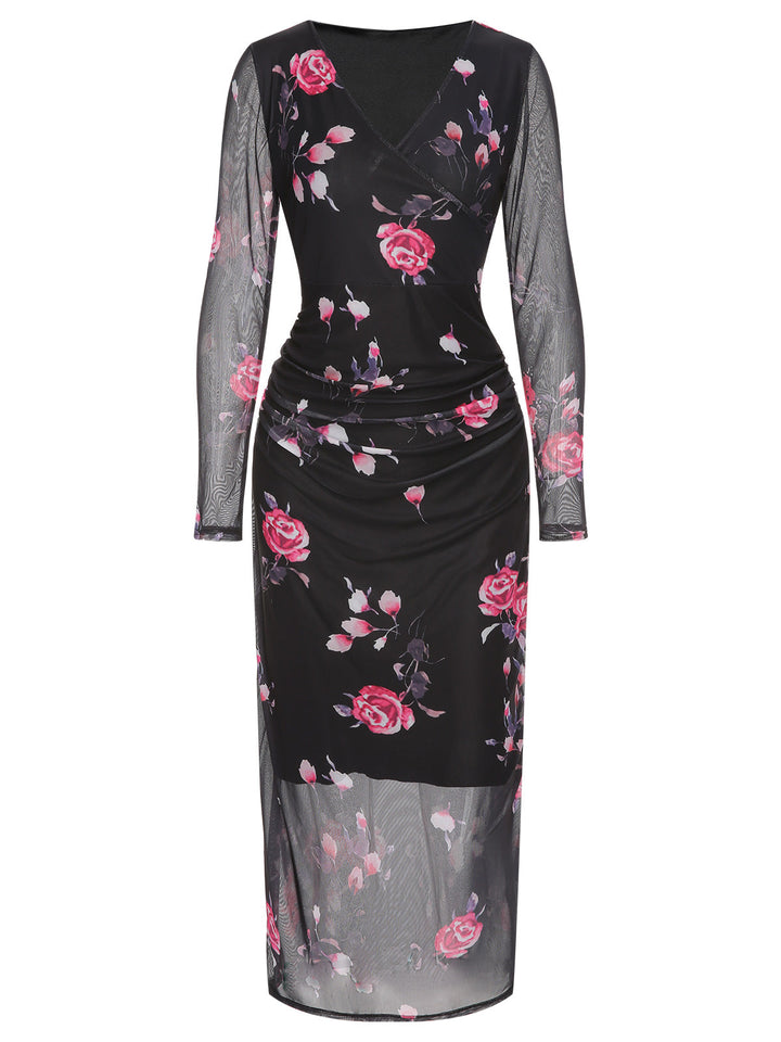 She slips into this Black 1960s V-Neck Floral Mesh Dress and suddenly it&