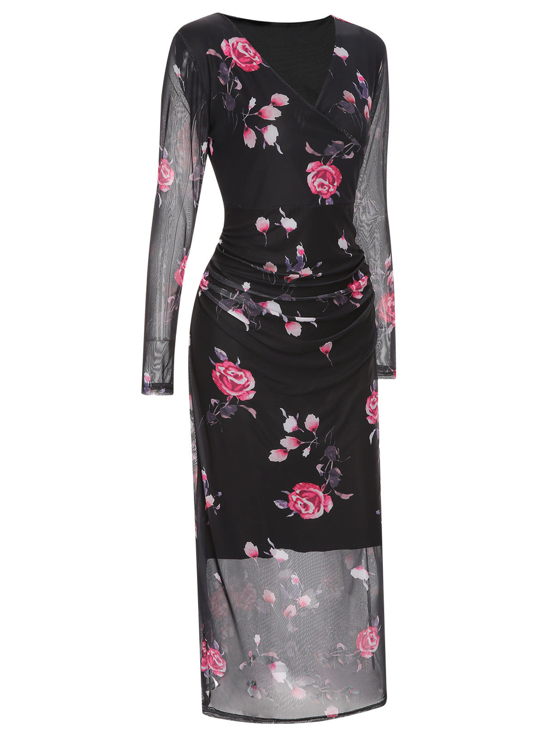 Black 1960s V-Neck Floral Mesh Dress: where 1960s romance meets her modern spirit
