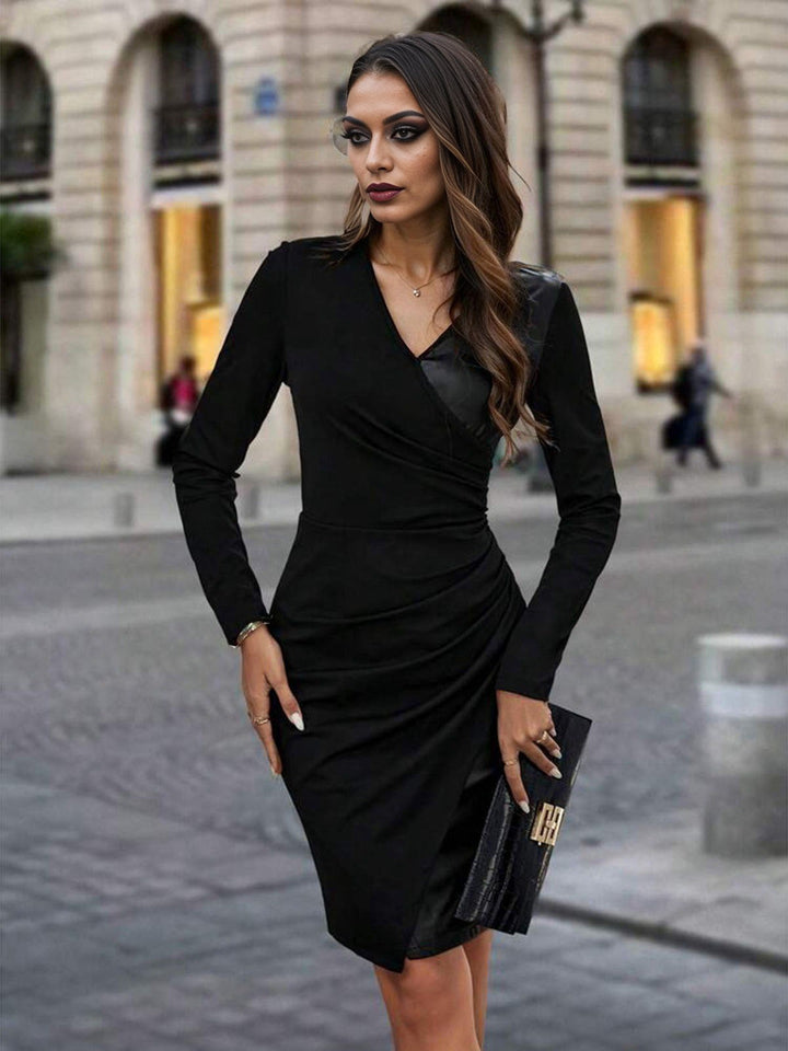 She slips into this Black 1960s V-Neck Leather Patchwork Bodycon Dress and suddenly it&