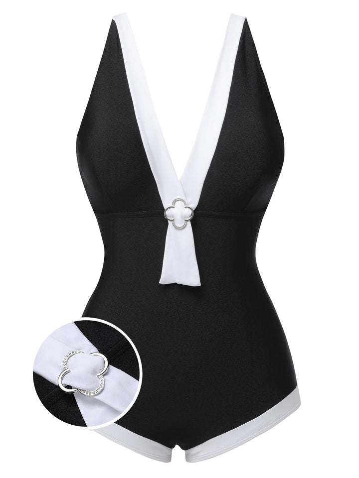 Black V-Neck Patchwork One-Piece Swimsuit, vintage swimsuit, swimwear - perfect for women who love vintage and retro fashion