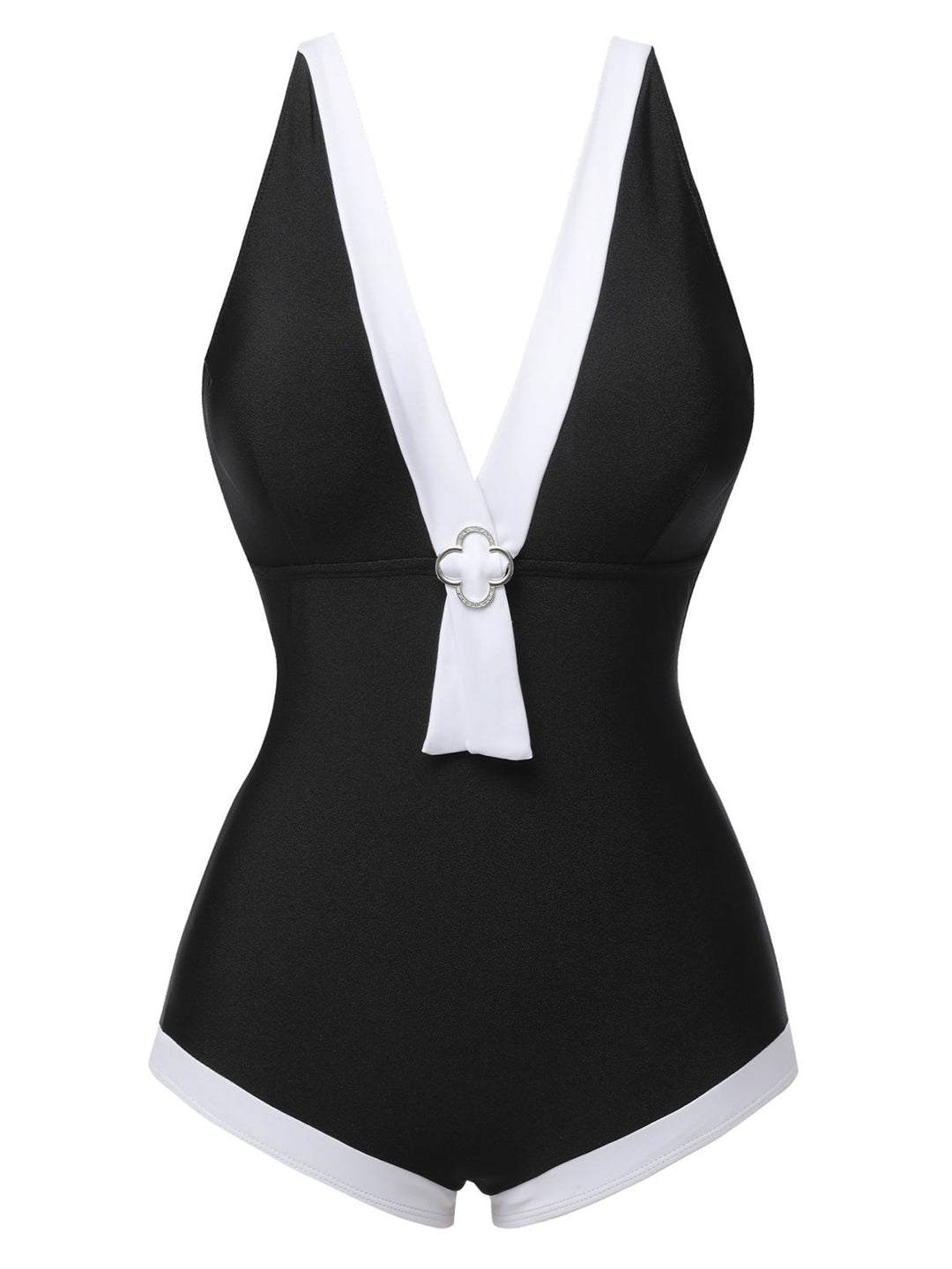 Black V-Neck Patchwork One-Piece Swimsuit, vintage swimsuit, swimwear - perfect for women who love vintage and retro fashion
