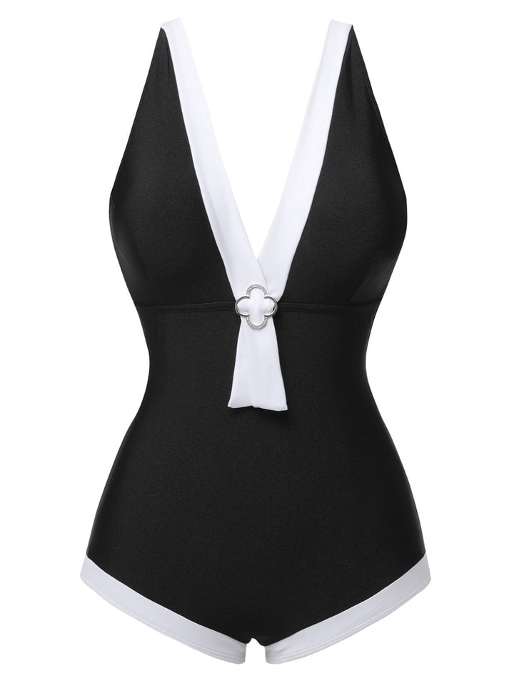 Black V-Neck Patchwork One-Piece Swimsuit, vintage swimsuit, swimwear - perfect for women who love vintage and retro fashion