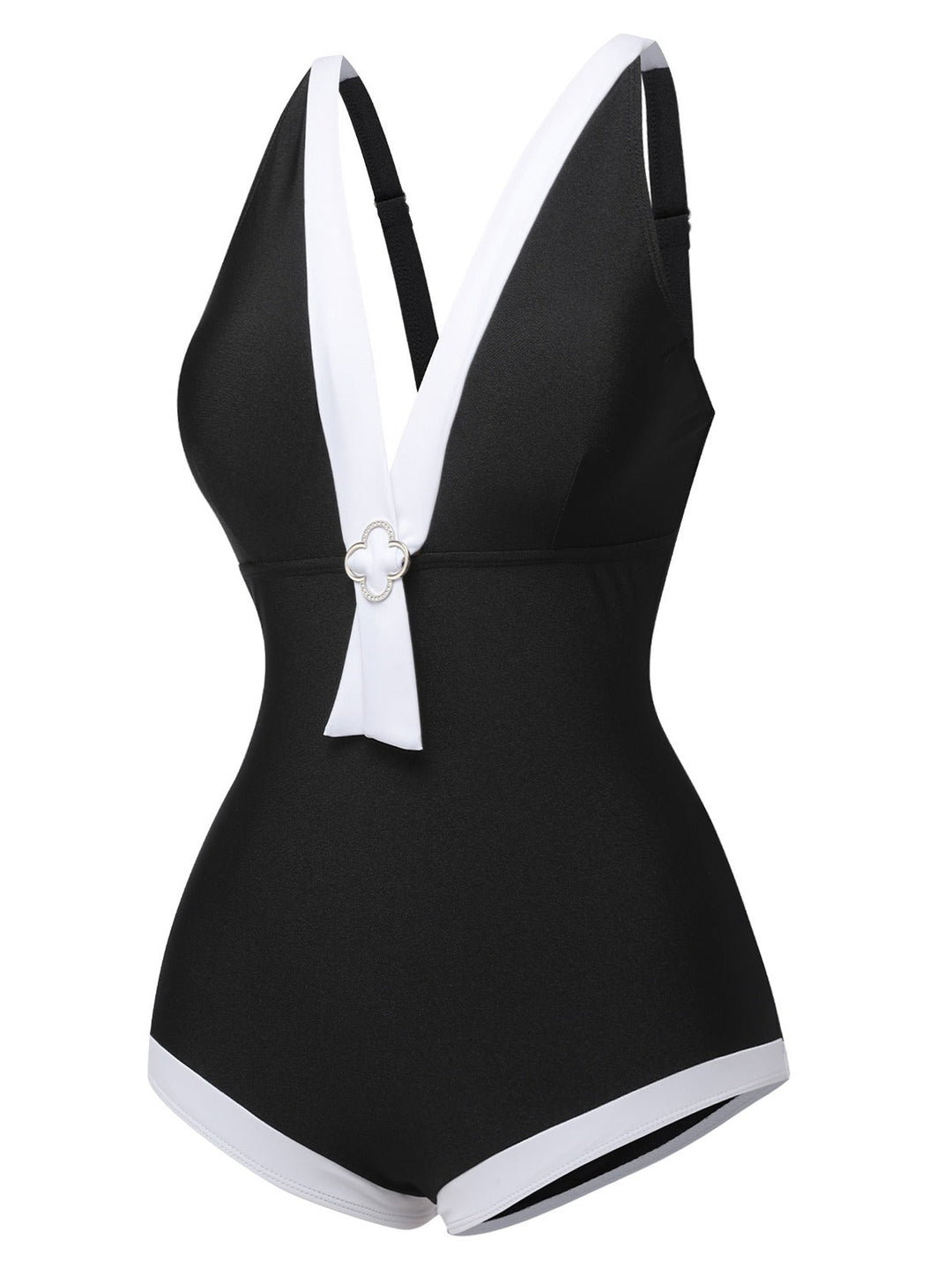 Black V-Neck Patchwork One-Piece Swimsuit, vintage swimsuit, swimwear - perfect for women who love vintage and retro fashion