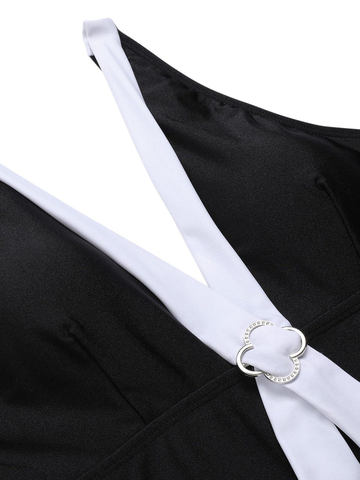 Black V-Neck Patchwork One-Piece Swimsuit, vintage swimsuit, swimwear - perfect for women who love vintage and retro fashion