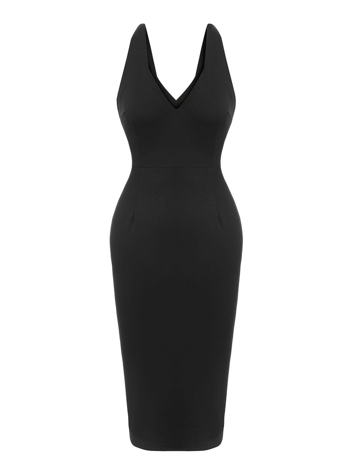 Black 1960s V-Neck Solid Bodycon Dress, vintage dress, retro fashion - perfect for women who love vintage and retro fashion