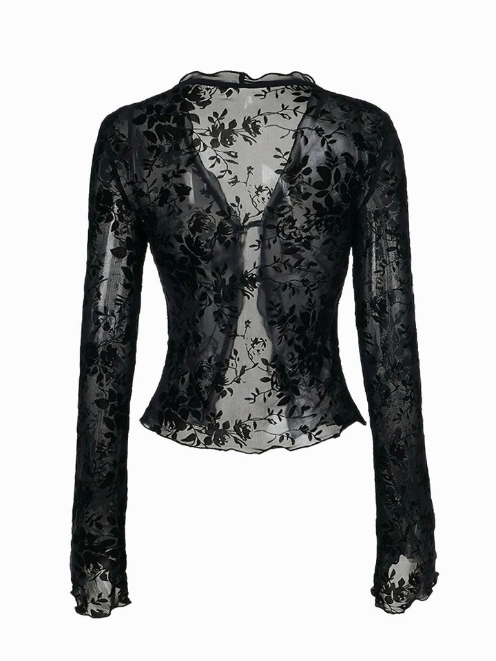 Black 1960s Water-soluble Lace Trim Sheer Blouse - vintage fashion, retro style, classic black