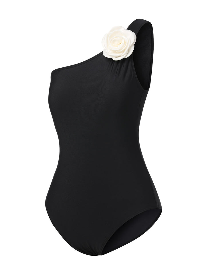 Black 1970s 3D Flower One-Shoulder Swimsuit, vintage swimsuit, pin-up swimwear - perfect for women who love vintage and retro fashion