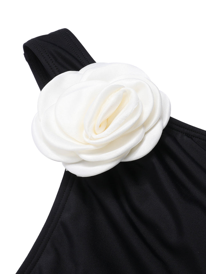 Black 1970s 3D Flower One-Shoulder Swimsuit, vintage swimsuit, pin-up swimwear - perfect for women who love vintage and retro fashion