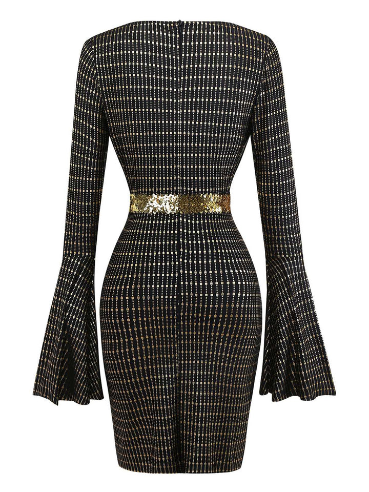 Black 1970s Bell Sleeve Sheer Belted Disco Dress - vintage dress, retro fashion, classic black