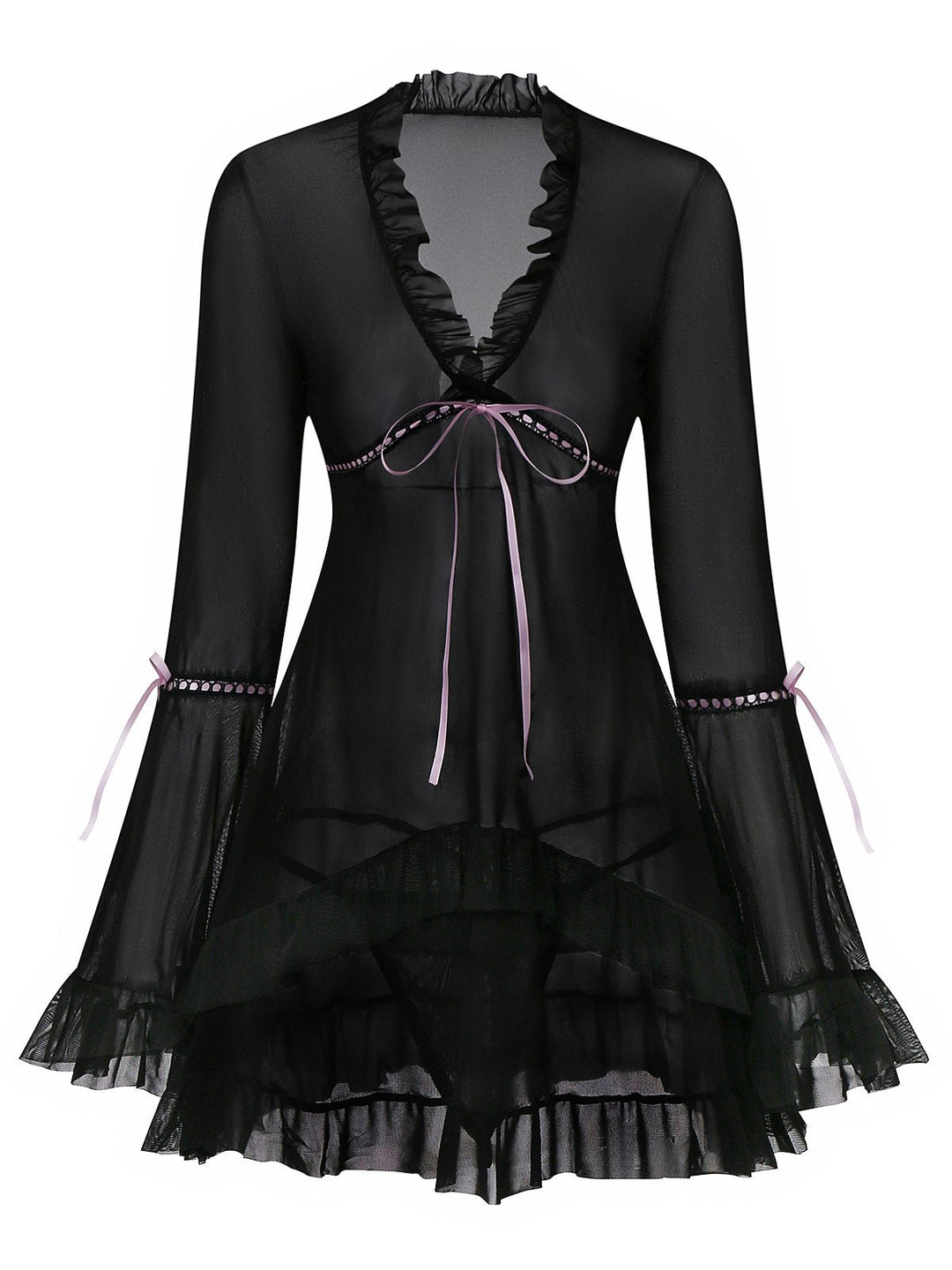 Black Bowknot Ruffled Sheer Nightdress - vintage dress, retro fashion, classic black