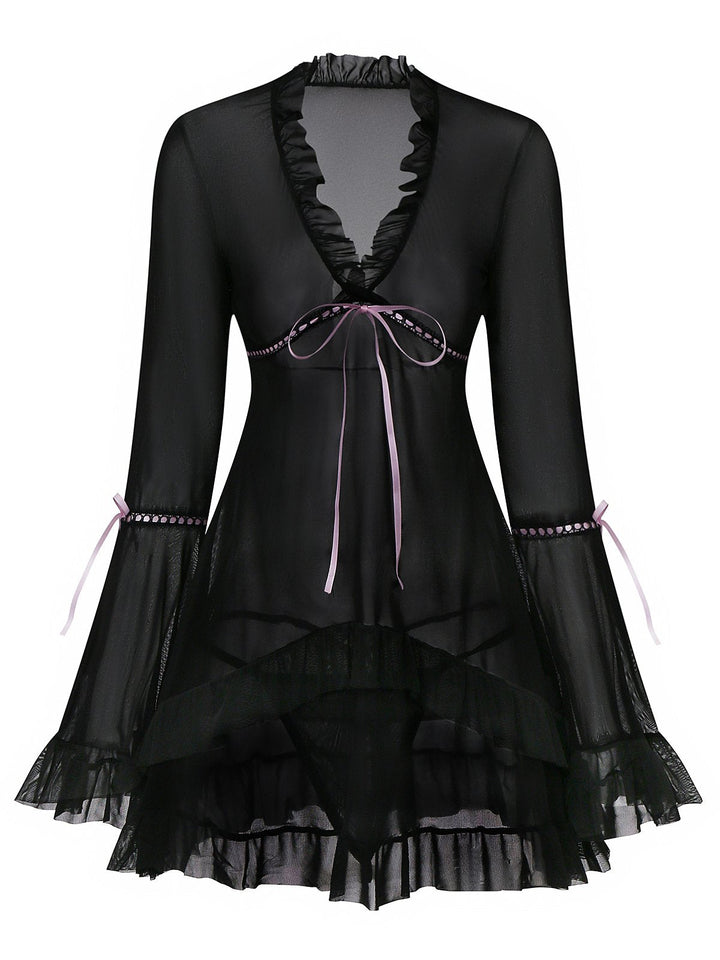 Black Bowknot Ruffled Sheer Nightdress - vintage dress, retro fashion, classic black