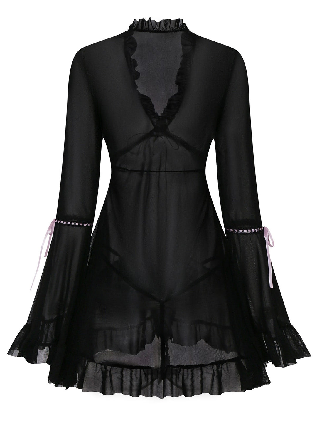 Black Bowknot Ruffled Sheer Nightdress - vintage dress, retro fashion, classic black