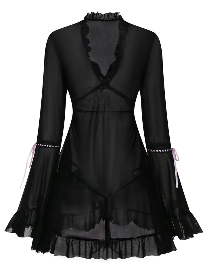 Black Bowknot Ruffled Sheer Nightdress - vintage dress, retro fashion, classic black