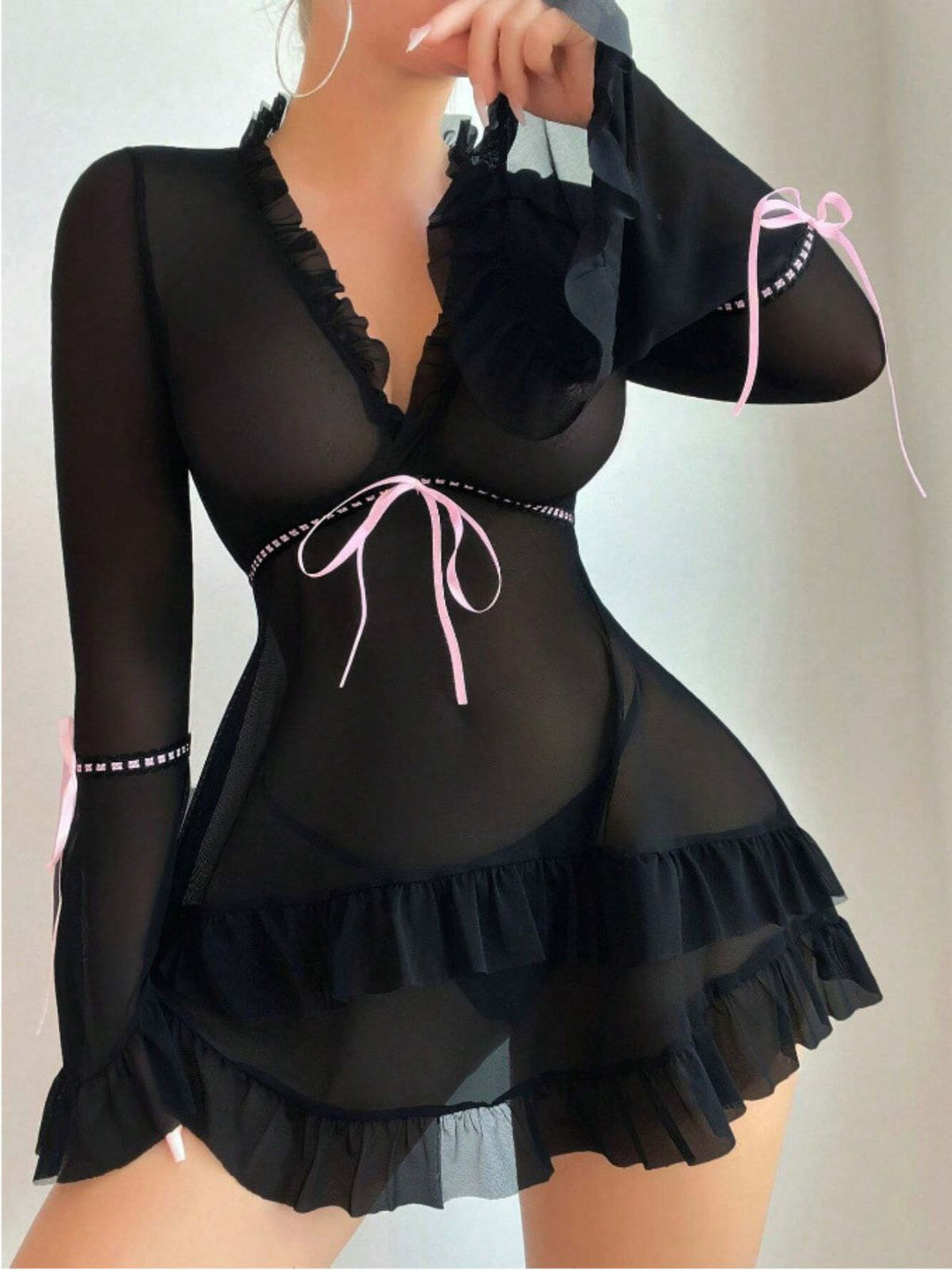 Black Bowknot Ruffled Sheer Nightdress - vintage dress, retro fashion, classic black