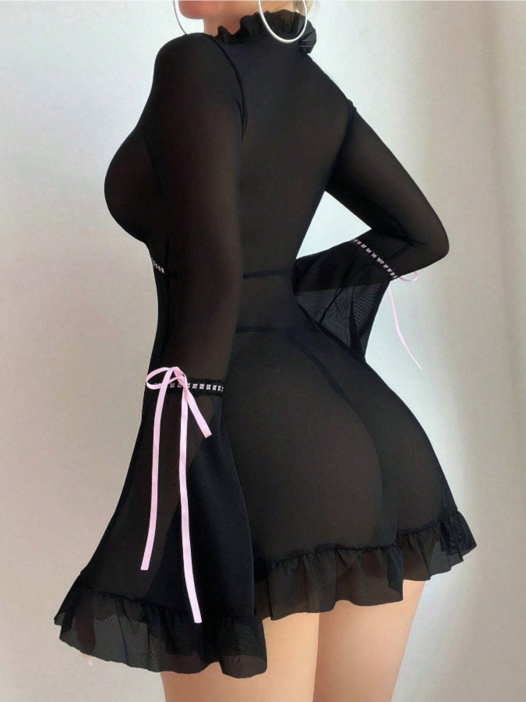 Black Bowknot Ruffled Sheer Nightdress - vintage dress, retro fashion, classic black