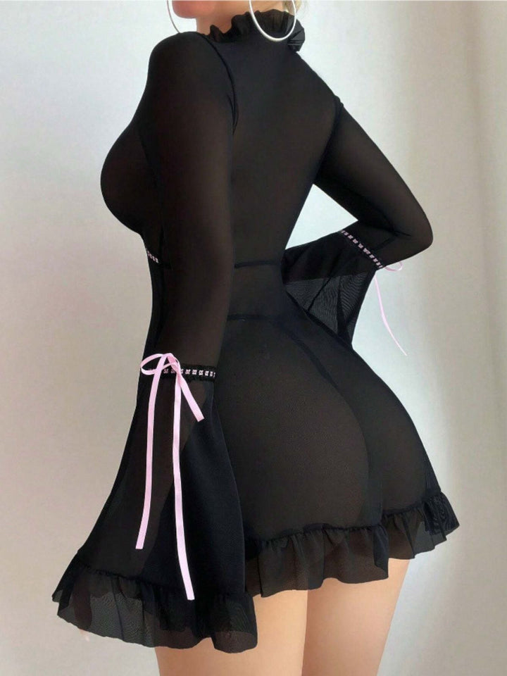 Black Bowknot Ruffled Sheer Nightdress - vintage dress, retro fashion, classic black
