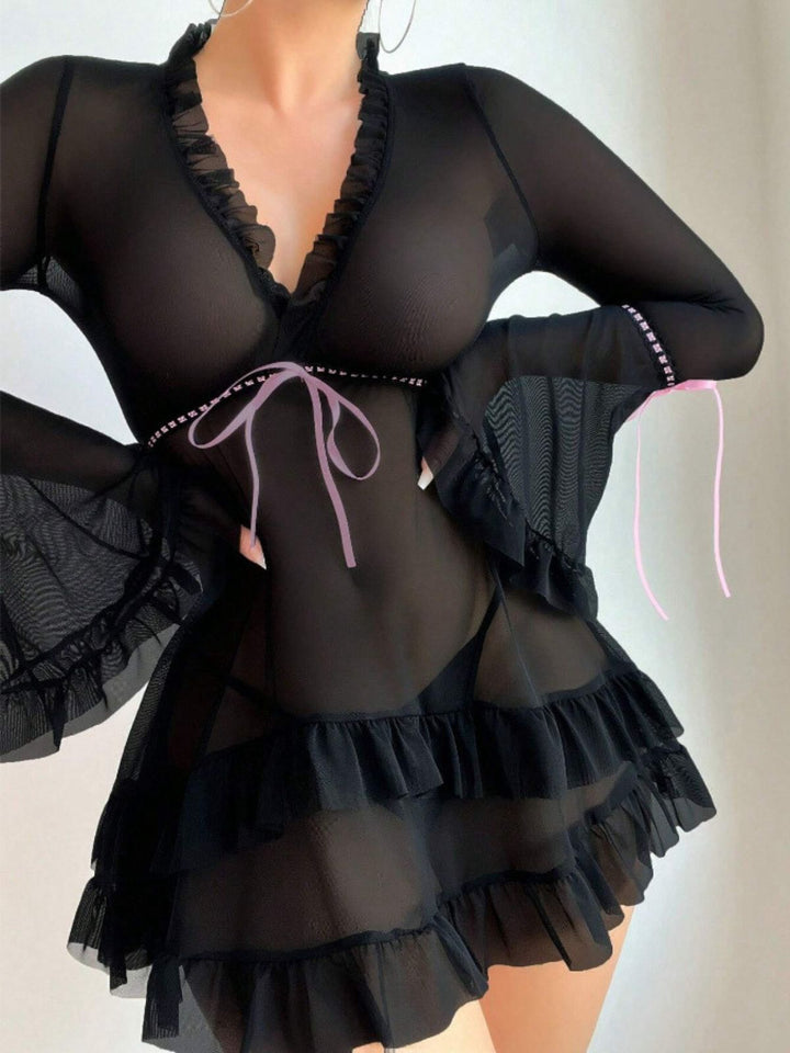 Black Bowknot Ruffled Sheer Nightdress - vintage dress, retro fashion, classic black