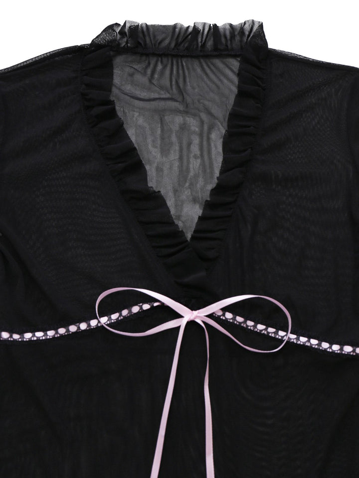 Black Bowknot Ruffled Sheer Nightdress - vintage dress, retro fashion, classic black